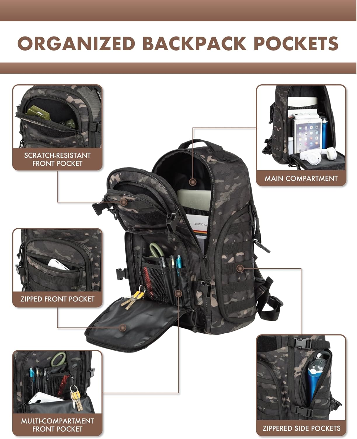 Durable Hiking Backpack with Laptop Compartment and MOLLE
