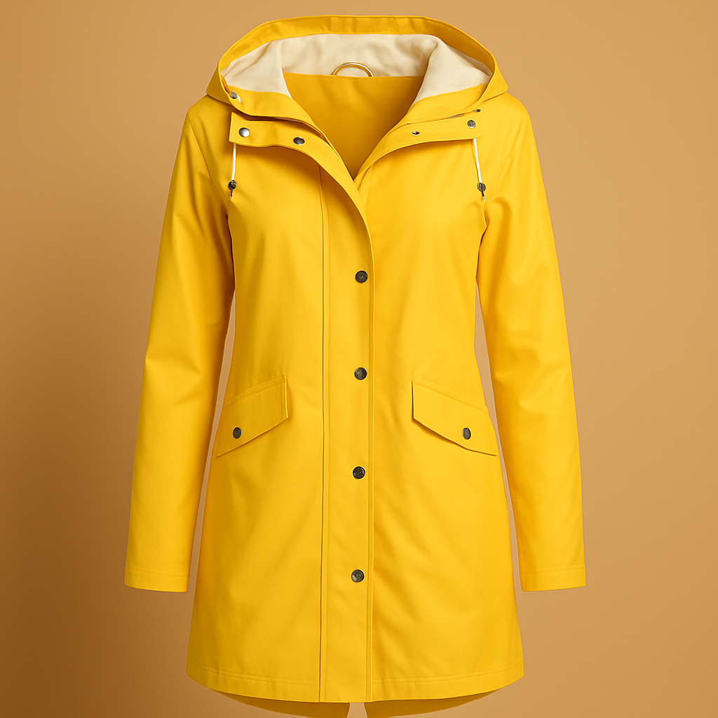 Transparent raincoat for women with adjustable hood and button closure, designed to stay stylish and dry in any weather.