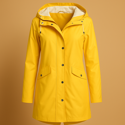 Women’s transparent raincoat with hood, lightweight fit, and breathable fabric. Fashionable and practical rain protection for every season.