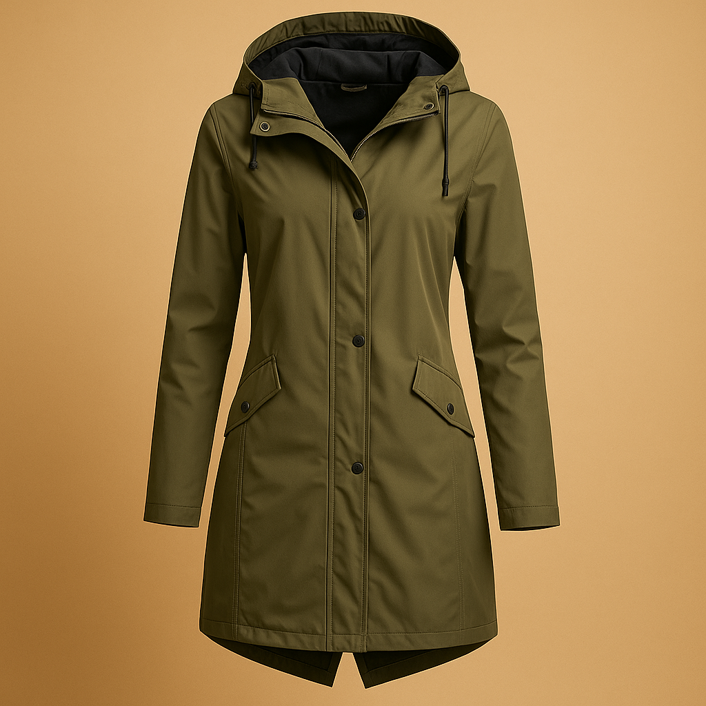 Transparent raincoat with hood for women featuring a sleek silhouette and lightweight breathable design, perfect for rainy days.