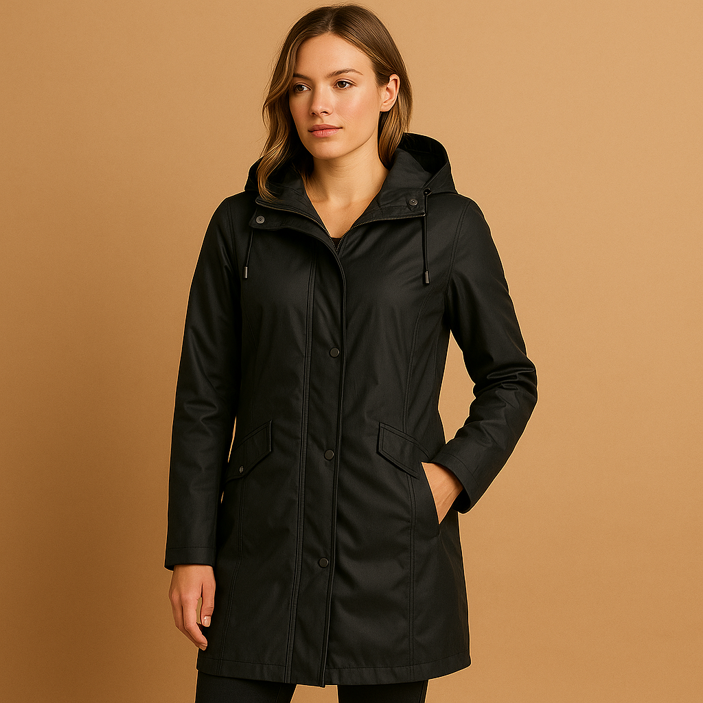 Transparent raincoat with hood for women featuring a sleek silhouette and lightweight breathable design, perfect for rainy days.