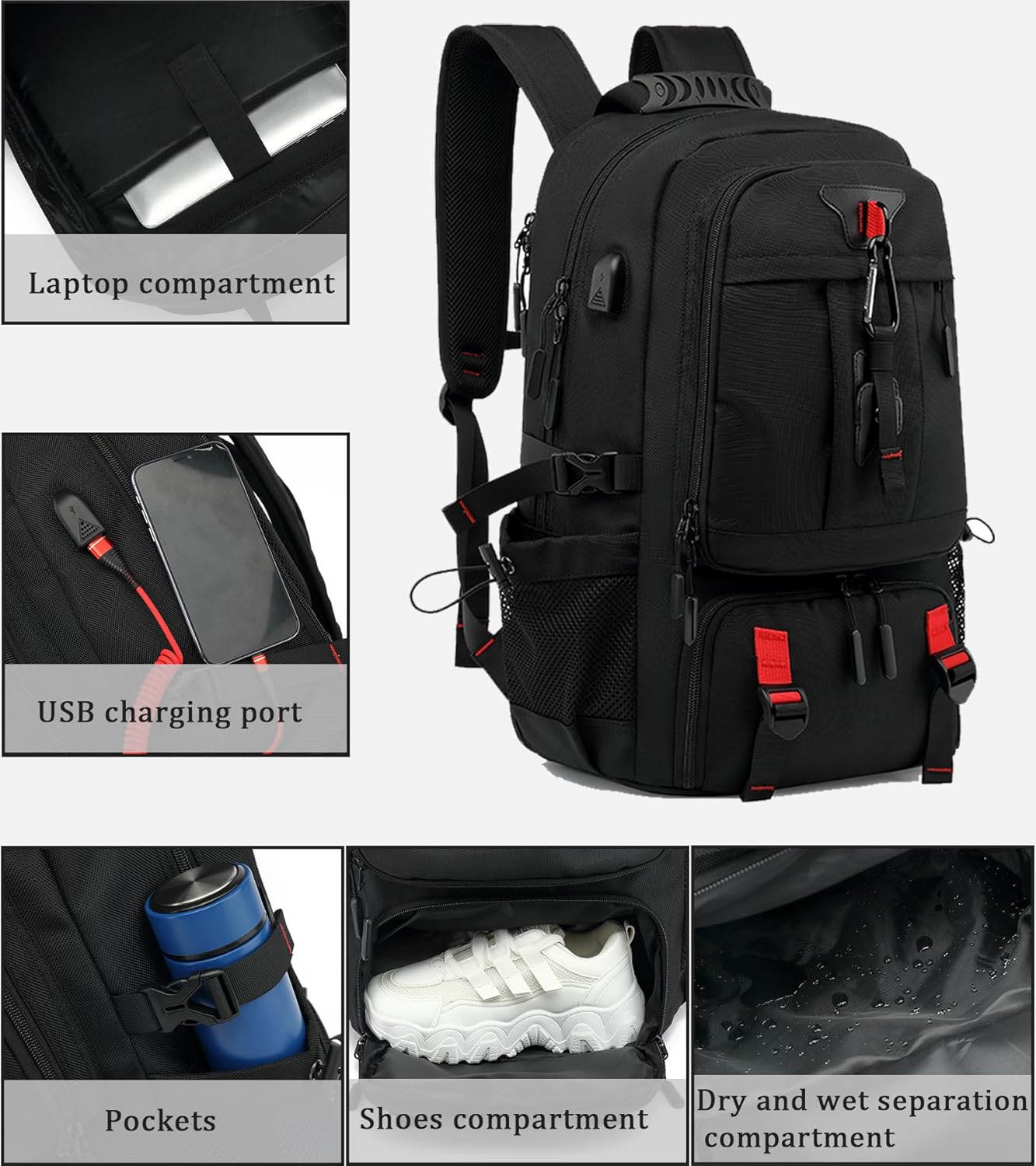Waterproof 60L Laptop Backpack with USB Charging Pocket