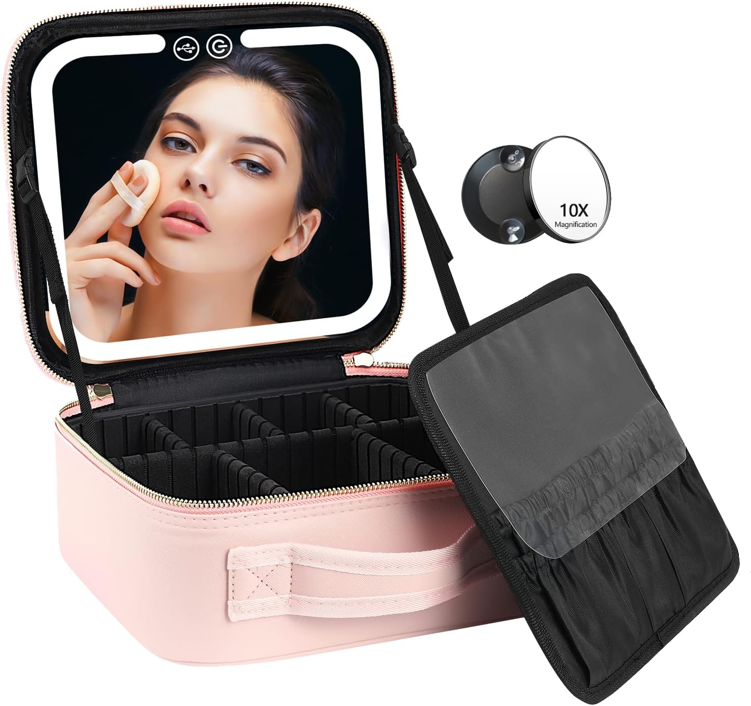 Travel Make-up Organizer with LED Mirror-Pink-Nora Luxe