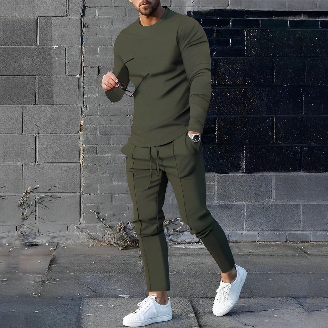 Trendy 2-Piece Men's Set | Nova Sweater and Jogger-Olive green-XS-Nora Luxe