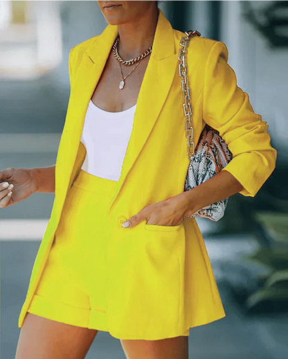 Trendy blazer co-ord with shorts – Versatile & Stylish – Larissa-Yellow-S-Nora Luxe