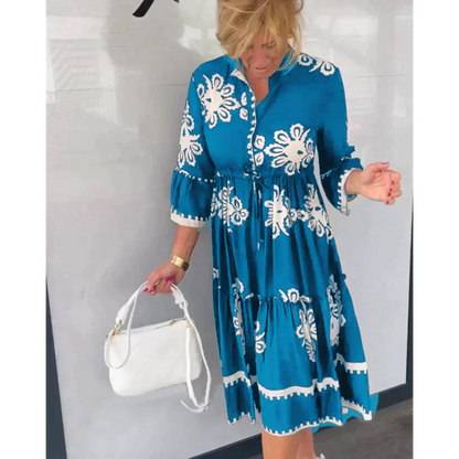 Trendy Dress with Floral Print and 3/4 Sleeves – Elin-Blue-S-State of Style