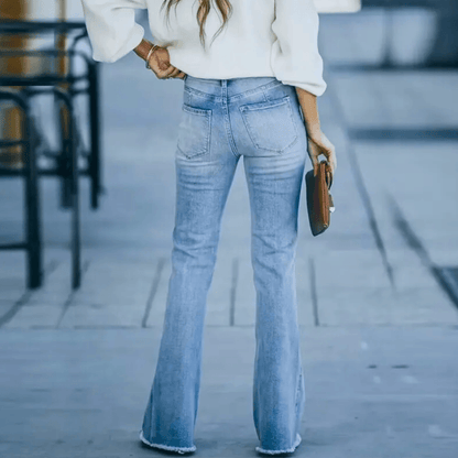 Women's Comfortable Flare Jeans with Pockets and Button Fly