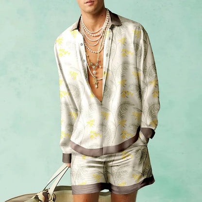 Trendy Hawaiian set with a silk look for men – Fabio-Beige/Yellow-S-Nora Luxe