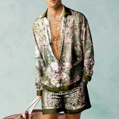 Trendy Hawaiian set with a silk look for men – Fabio-Light blue/Green-S-Nora Luxe