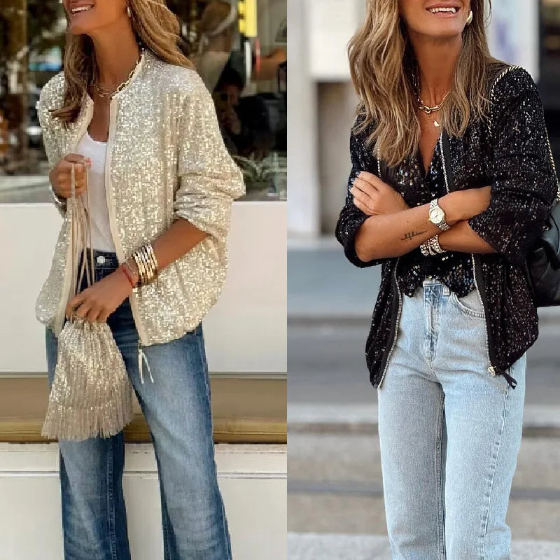 Trendy ladies' sequin blazer for spring & events – Soraya-Black-S-Nora Luxe