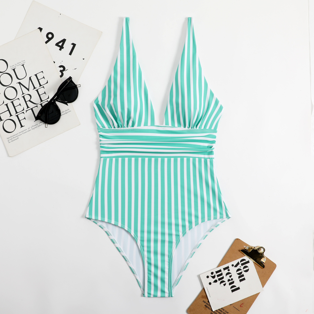 Trendy Ladies' Swimsuit with V-Neck and Striped Pattern – Lina-Turquoise-S-State of Style