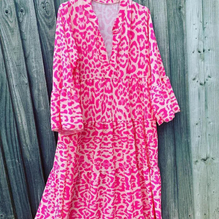 Trendy Maxi Dress with Pink Leopard Print - ChicSafari-S-Nora Luxe