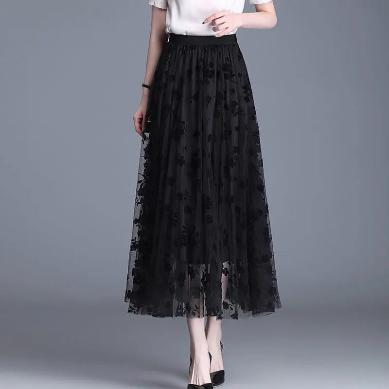 Trendy Mesh Midi Skirt - Fiona-Black-S-Nora Luxe