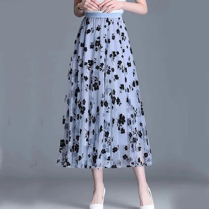 Trendy Mesh Midi Skirt - Fiona-Blue Gray-S-Nora Luxe