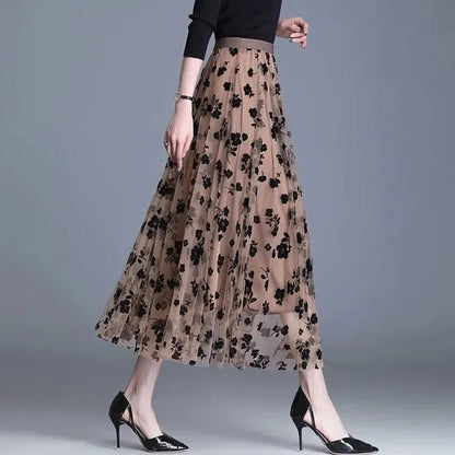 Trendy Mesh Midi Skirt - Fiona-Khaki-S-Nora Luxe