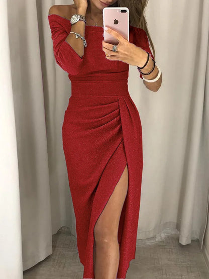 Trendy Off-the-Shoulder Dress - Livia-Red-S-Nora Luxe