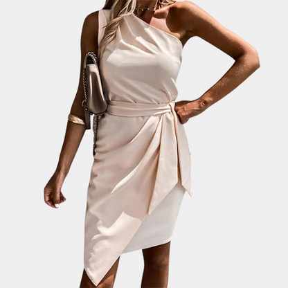 Fashionable Asymmetrical Dress with Belted Waist - Pexav