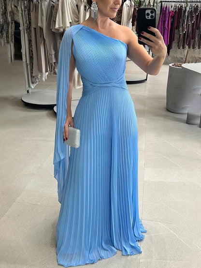 Trendy one-shoulder maxi dress with pleats – Mirella-Blue-XS-Nora Luxe