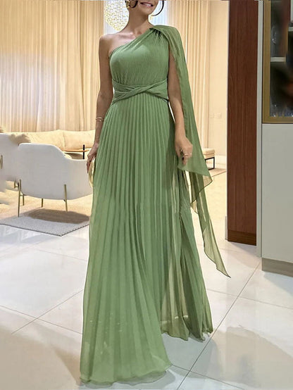 Chic Off Shoulder Floor Length Pleated Dress - Pexav