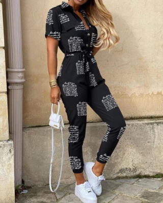Trendy retro jumpsuit with button placket – Velia-Letterprint-S-Nora Luxe