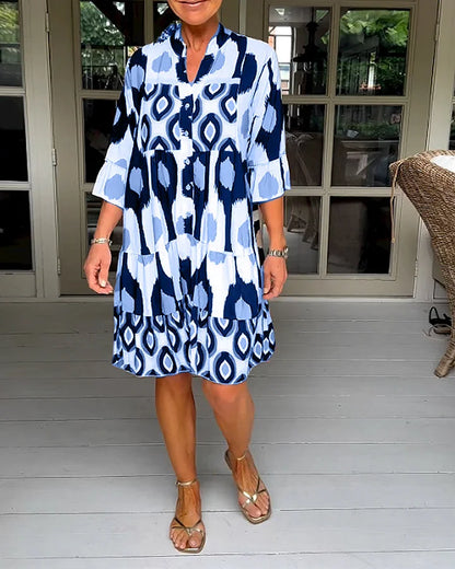 Trendy short-sleeved dress with abstract print & loose fit – Liora-Blue-S-Nora Luxe