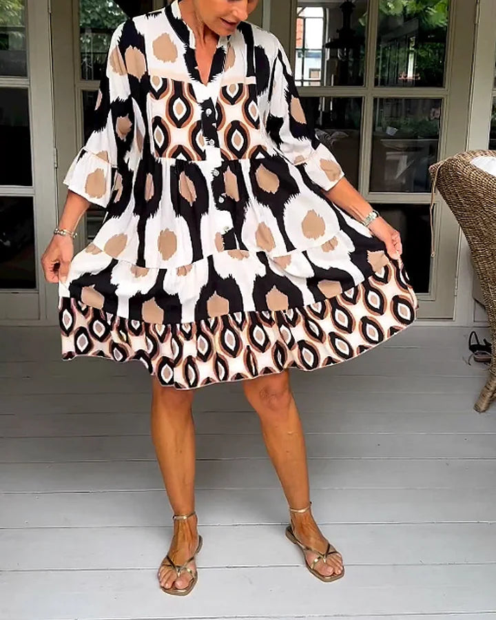 Trendy short-sleeved dress with abstract print & loose fit – Liora-Brown-S-Nora Luxe