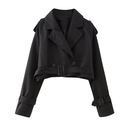 Trendy Short Women's Trench Coat with Belt – Amelie-Black-XS-Nora Luxe