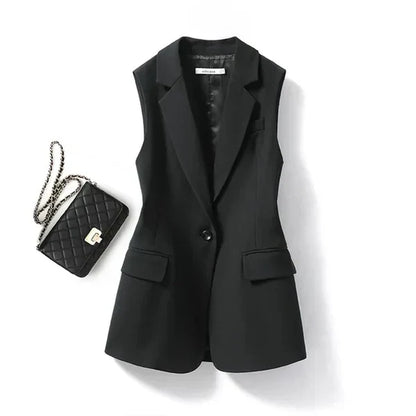 Trendy Sleeveless Blazer - Celeste-Black-S-The Livary