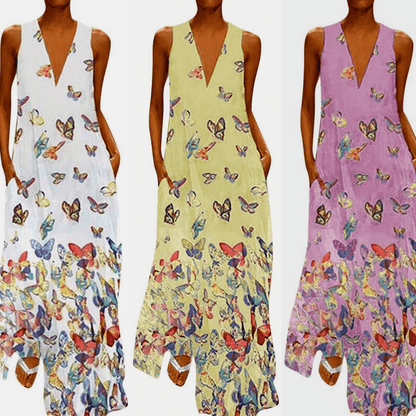Trendy Sleeveless Maxi Summer Dress with Butterfly Print – Malia-White-S-Nora Luxe
