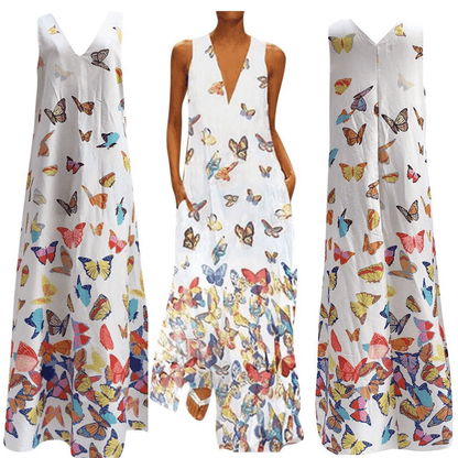 Trendy Sleeveless Maxi Summer Dress with Butterfly Print – Malia-White-S-Nora Luxe