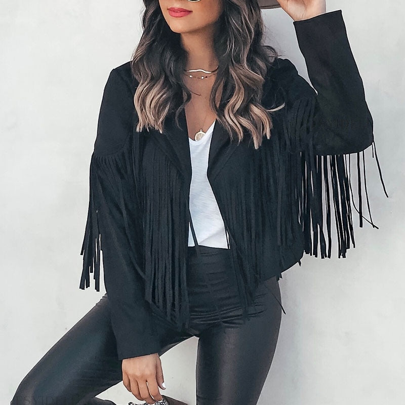 Trendy Suede Ladies Jacket with Fringes - Isabella-Black-S-Nora Luxe