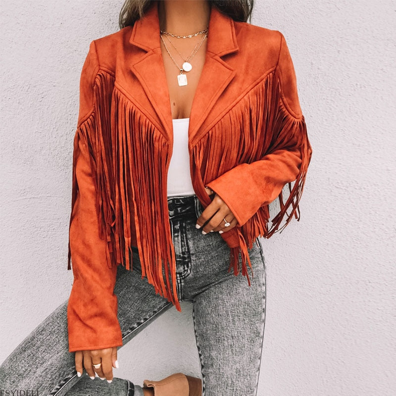 Trendy Suede Ladies Jacket with Fringes - Isabella-Black-S-Nora Luxe
