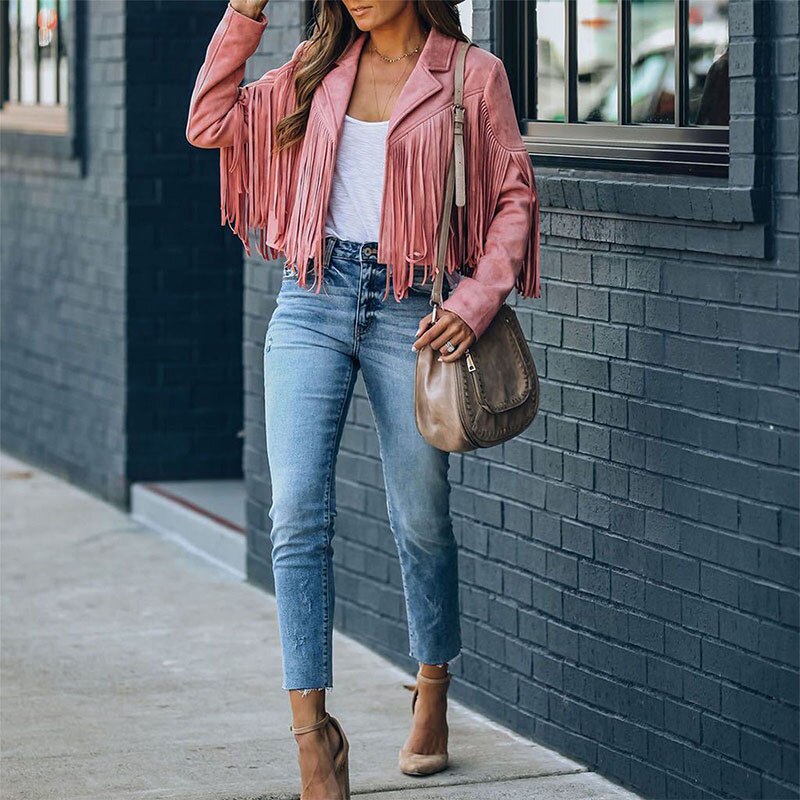 Trendy Suede Ladies Jacket with Fringes - Isabella-Pink-S-Nora Luxe