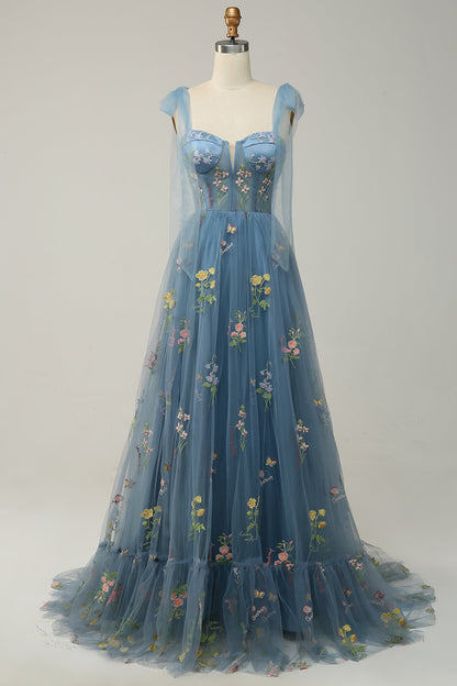 Trendy Tulle A-Line Evening Dress - Isabella-Grey-blue-0-Nora Luxe