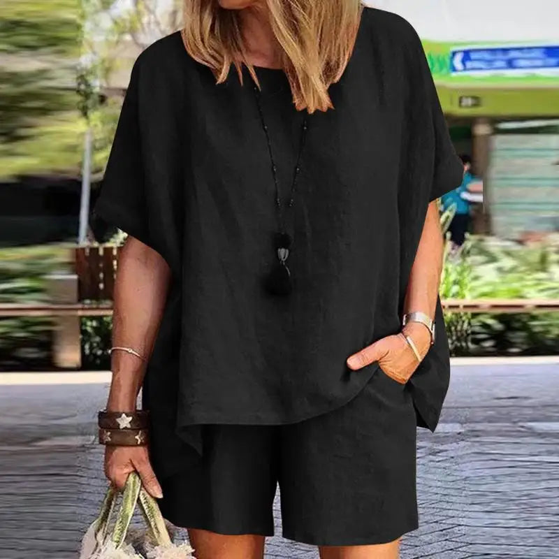 Trendy Two-Piece Linen Summer Set with Shorts for Women – Nayla-Black-S-Nora Luxe
