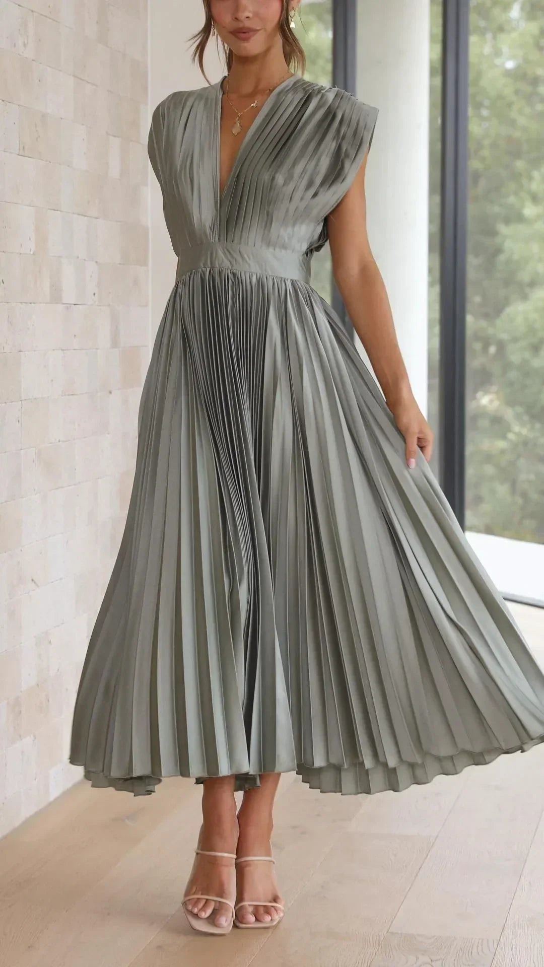 Fashionable V Neck Tie Front Dress - Pexav