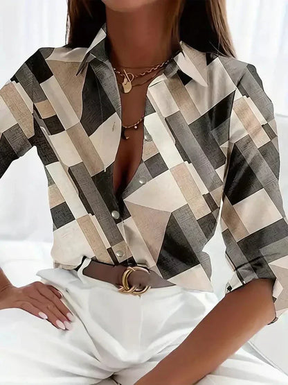 Trendy women's blouse with abstract pattern and button placket – Marlene-Apricot-XS-Nora Luxe