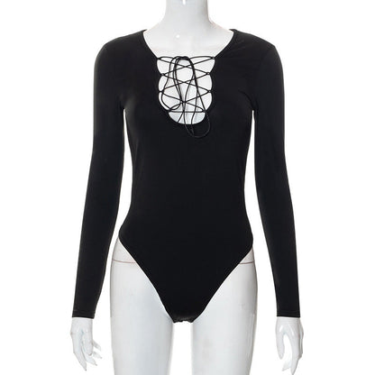 Trendy women's bodysuit with lacing & deep V-neck - Aveline-S-Nora Luxe