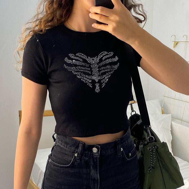Trendy women's crop top with rhinestone skeleton pattern – Yara-S-Nora Luxe