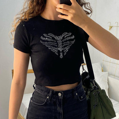 Trendy women's crop top with rhinestone skeleton pattern – Yara-S-Nora Luxe