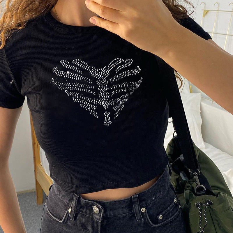 Trendy women's crop top with rhinestone skeleton pattern – Yara-S-Nora Luxe