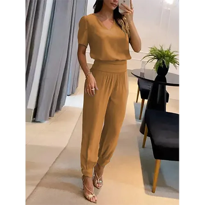 Trendy women's jumpsuit with short sleeves & wide legs – Alina-Apricot-S-Nora Luxe