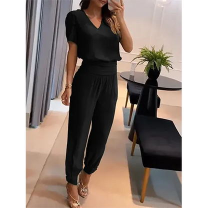 Trendy women's jumpsuit with short sleeves & wide legs – Alina-Black-S-Nora Luxe