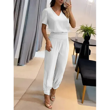 Trendy women's jumpsuit with short sleeves & wide legs – Alina-White-S-Nora Luxe
