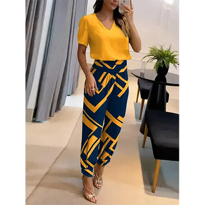Trendy women's jumpsuit with short sleeves & wide legs – Alina-Yellow-S-Nora Luxe