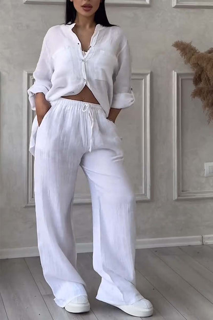 Trendy women's linen two-piece set with blouse & wide trousers – Lina-White-S-Nora Luxe
