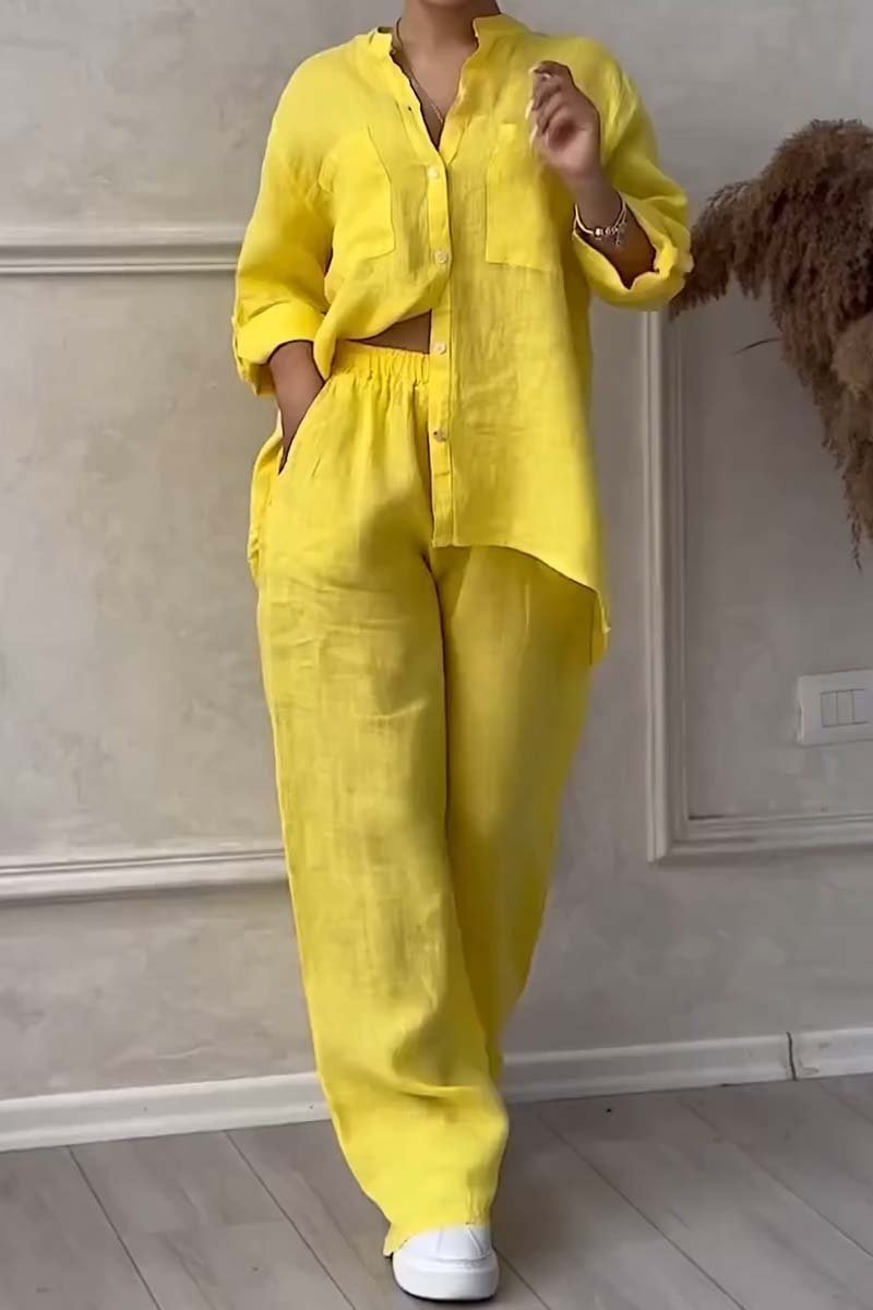 Stylish Women's Linen Pantsuit with Top and Wide Leg Pants - Pexav