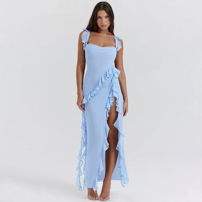 Trendy women's maxi dress with ruffles & chiffon for summer – Amira-Blue-S-Nora Luxe