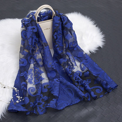 Trendy women's silk scarf with floral pattern and cut-out design – Fiora (1+1 FREE)-Blue flower-Nora Luxe