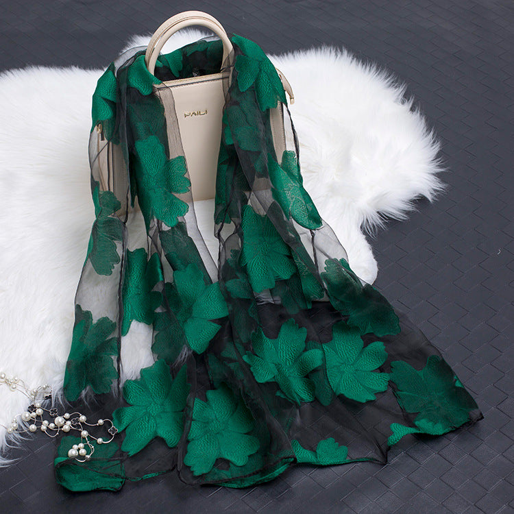 Trendy women's silk scarf with floral pattern and cut-out design – Fiora (1+1 FREE)-Green-Nora Luxe